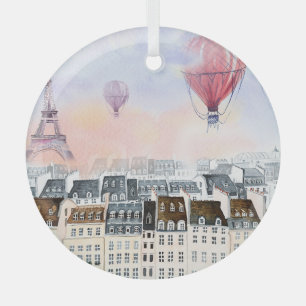 Paris, hot air balloon illustration glass ornament
