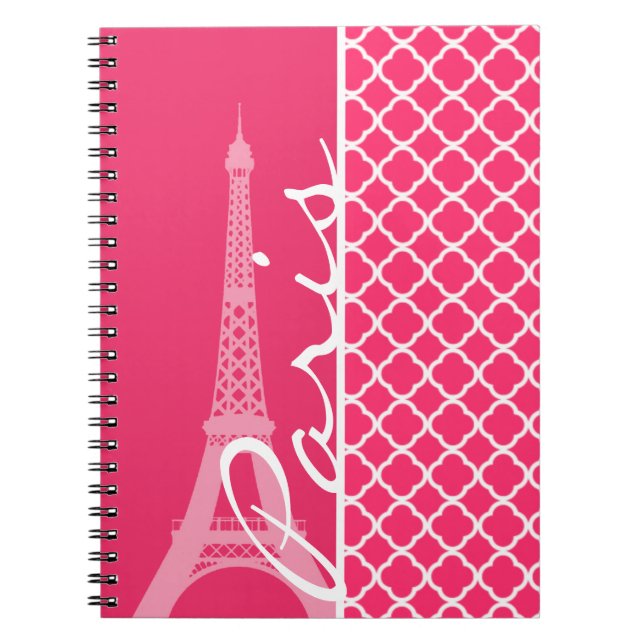 Paris; Hot Pink Moroccan Quatrefoil Notebook (Front)
