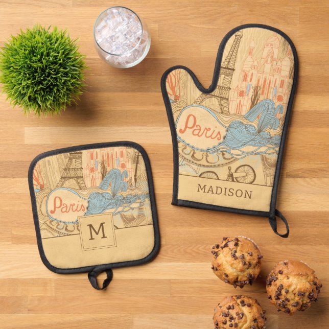 Paris in France Oven Mitt & Pot Holder Set (Top Down)