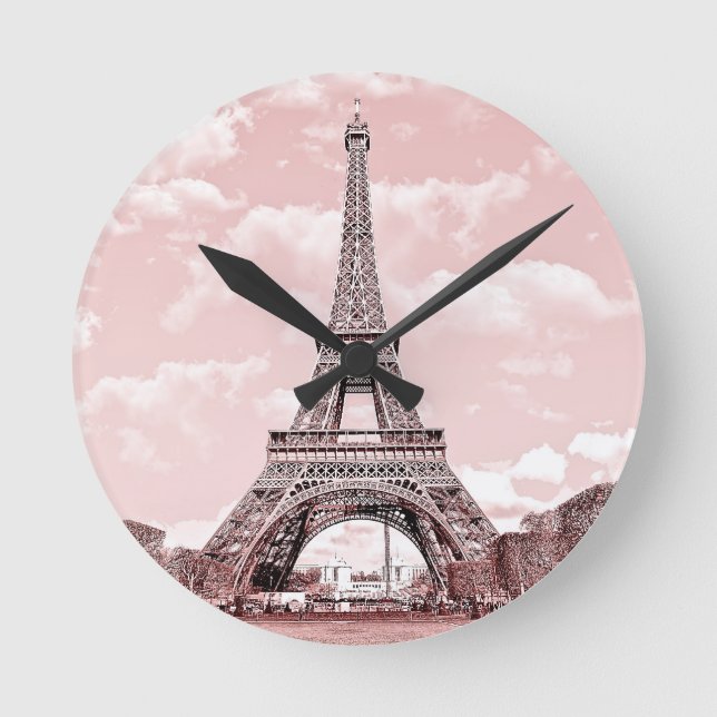 Paris in Pink Eiffel Tower Round Clock (Front)