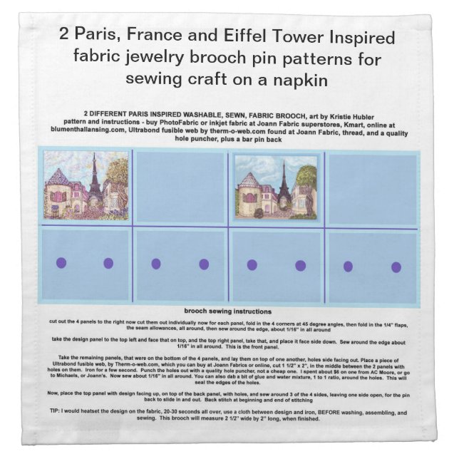 Paris Inspired Art Brooch Pin Patterns on Napkin (Front)