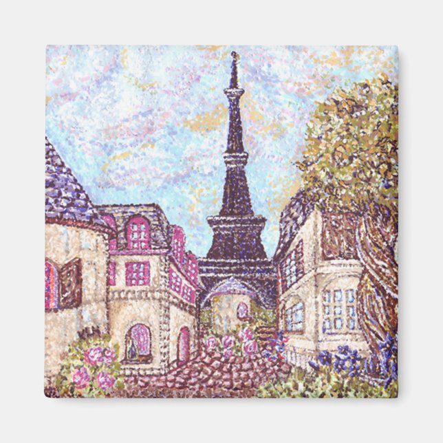 Paris Inspired Cityscape Pointillism With Eiffel T Magnet (Front)