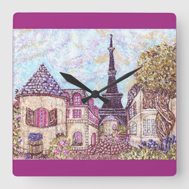 Paris Inspired Cityscape With Eiffel Tower Pointil Square Wall Clock (Front)