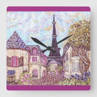 Paris Inspired Cityscape With Eiffel Tower Square  Wall Clock
