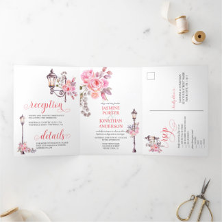 Paris Inspired Pink Watercolor Flowers Wedding Tri-Fold Invitation
