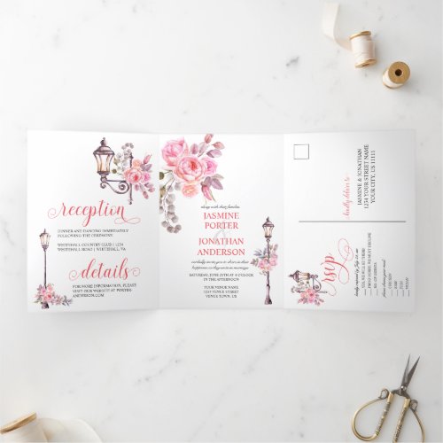 Paris Inspired Pink Watercolor Flowers Wedding Tri_Fold Invitation