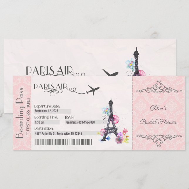 Paris Invitation, Boarding Pass Invitation, Bridal Invitation (Front/Back)