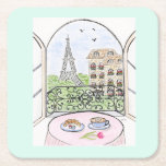 Paris is a Good Idea Square Paper Coaster<br><div class="desc">Handpainted Whimsical Paris Drawing. Wherever you are, keep Paris close by with this whimsical, handpainted drawing of a dreamy Paris morning, Effel tower in view through a lovely French window, complete with cappuccino and a croissant. Perfect for Francophiles who love France and anything French inspired. Perfect for any beverage. Paris...</div>