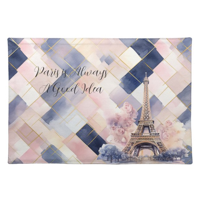 Paris is Always A Good Idea Eiffel Tower Blue Pink Cloth Placemat (Front)