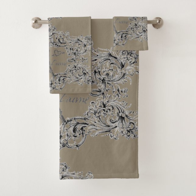 Paris Je T'aime Eiffel Tower Scroll Print Bath Towel Set (Insitu)