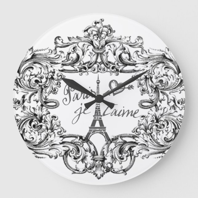 "Paris Je T'aime" Eiffel Tower Scroll Print Large Clock (Front)