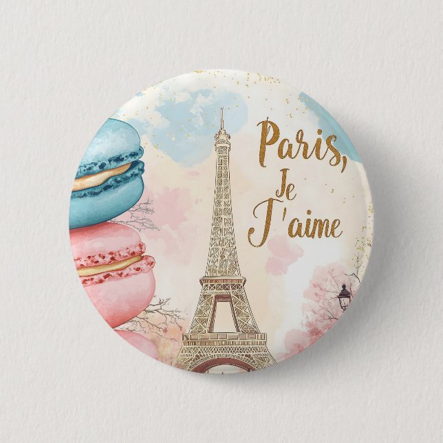  Paris, Je T'aime - Eiffel Tower with Macarons  Button (Front)