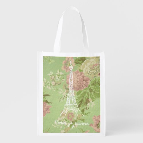 Paris je taime Vintage Floral Eiffel Tower Reusable Grocery Bag