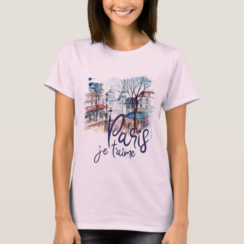 Paris Je taime Watercolor Calligraphy France Art T_Shirt