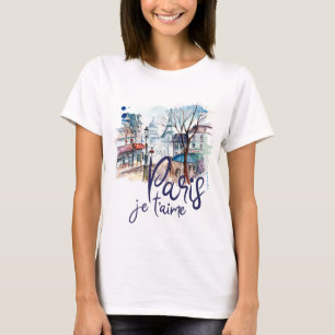 Paris Je t'aime Watercolor Calligraphy France Art T-Shirt