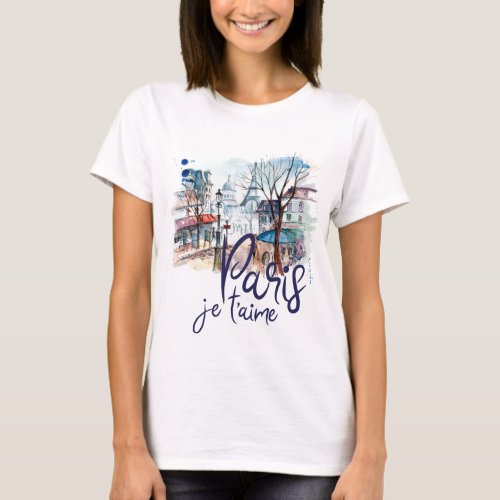 Paris Je taime Watercolor Calligraphy France Art T_Shirt