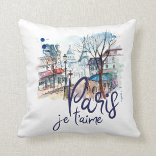 Paris Je t'aime Watercolor Calligraphy France Art Throw Pillow