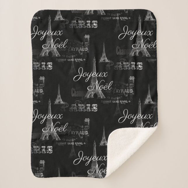 Paris Joyeux Noel Christmas Black Sherpa Blanket (Front)