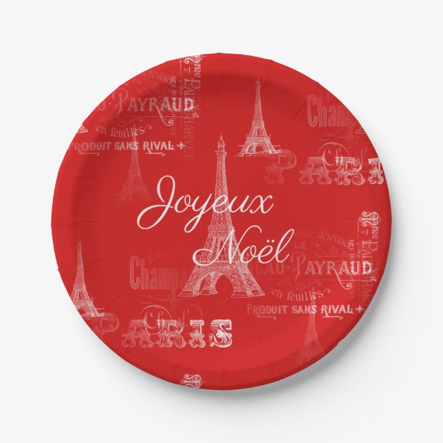 Paris Joyeux Noel Christmas Red Paper Plate (Front)