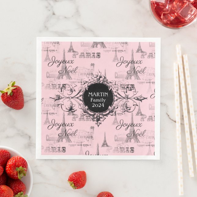 Paris Joyeux Noel Personal Pink Christmas Napkins (Insitu)