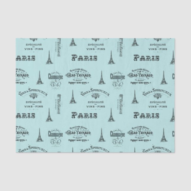 Paris Label Collage Aqua Tissue Paper (Front)