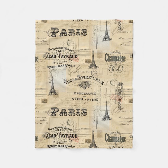 Paris Label Collage French Postcard Fleece Blanket (Front)