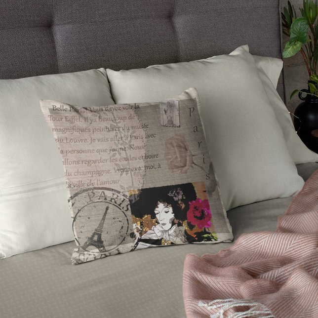 Paris Lady with Hat Pink Flower Collage Throw Pillow (Creator Uploaded)