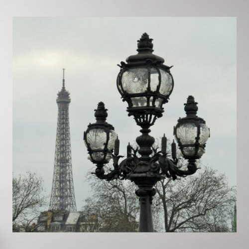 Paris Lamp Post and Eiffel Tower Scene in Winter Poster