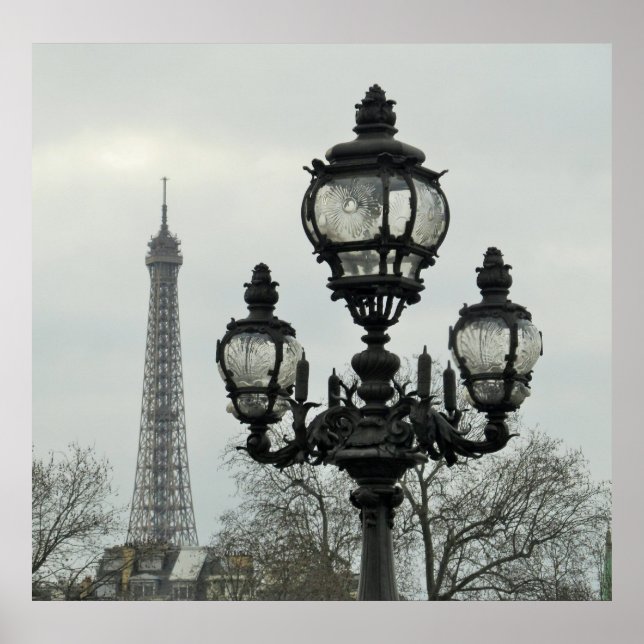 Paris Lamp Post and Eiffel Tower Scene in Winter Poster (Front)