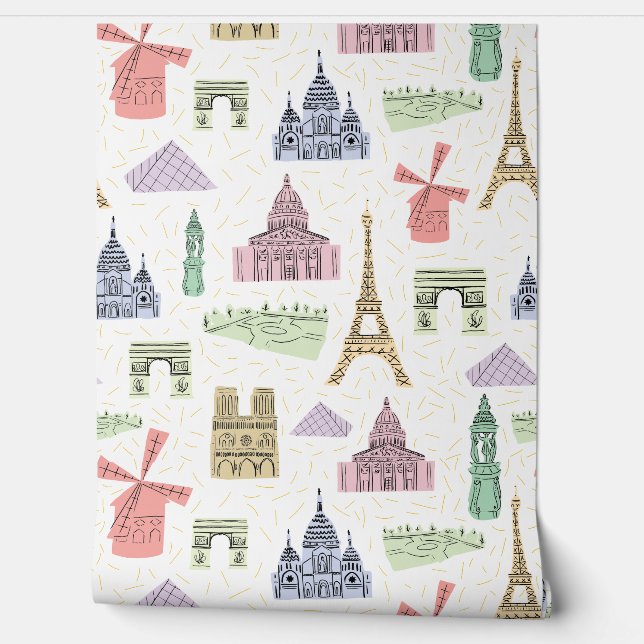 Paris Landmarks France Map Wallpaper (Unrolling)