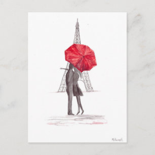 Paris love couple red umbrella watercolor Eiffel Postcard