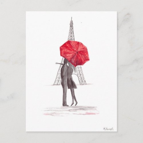 Paris love couple red umbrella watercolor Eiffel  Postcard