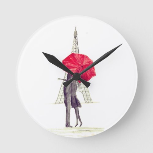 Paris love couple red umbrella Wedding anniversary Round Clock