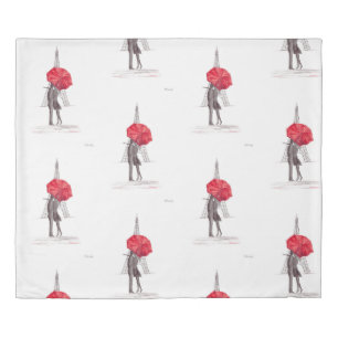 Paris love couple with red umbrella postcard duvet cover