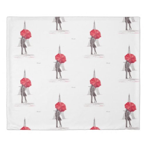 Paris love couple with red umbrella postcard duvet cover
