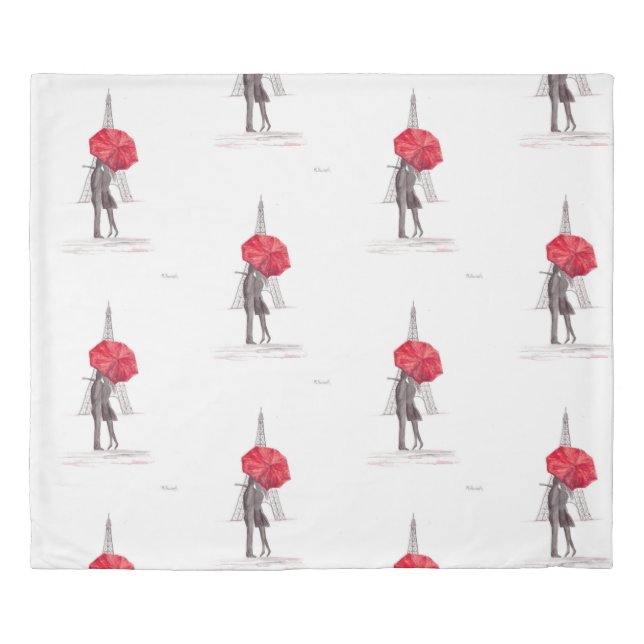 Paris love couple with red umbrella postcard duvet cover (Front)