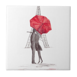 Paris love couple with red umbrella tile