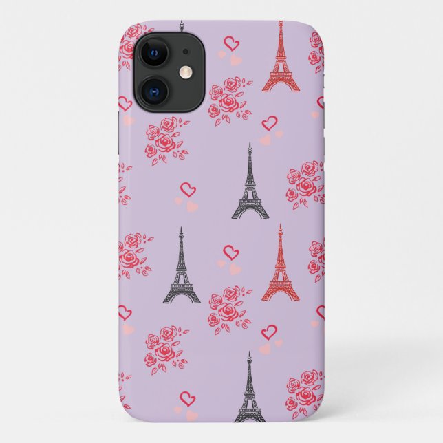 Paris Love Pattern – Eiffel Tower & Roses Seamless Case-Mate iPhone Case (Back)