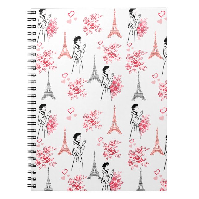Paris Love Pattern – Eiffel Tower & Roses Seamless Notebook (Front)