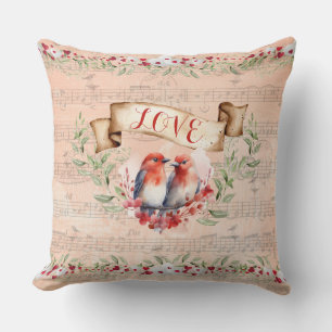 Paris Love Postmark Birds with Whimsical Notes Throw Pillow