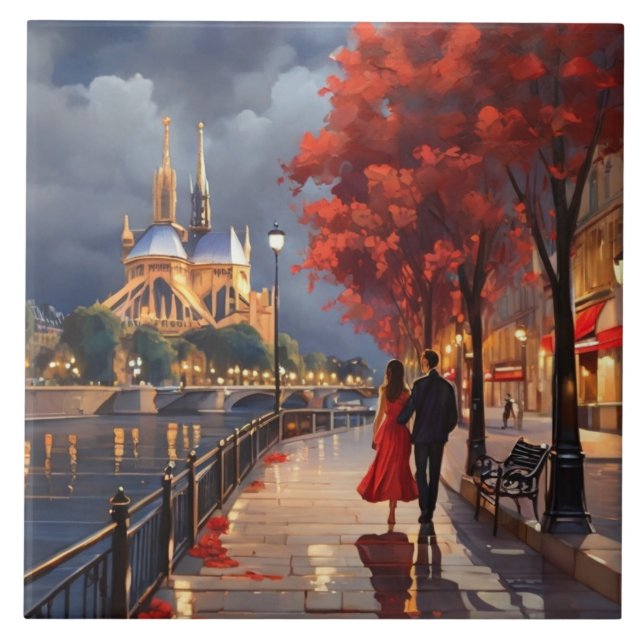 Paris Love: Romantic Couple by Seine Notre Dame Ceramic Tile (Front)