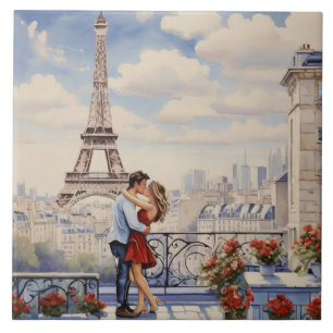 Paris Love: Romantic Couple Eiffel Tower Balcony Ceramic Tile