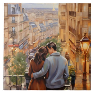 Paris Love: Romantic Couple French City View Ceramic Tile