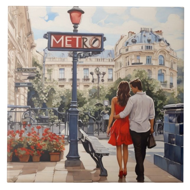 Paris Love: Romantic French Walk by Metro Station Ceramic Tile (Front)
