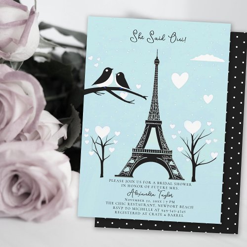 Paris Lovebirds Eiffel Winter Blue Bridal Shower Invitation