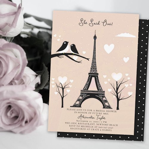 Paris Lovebirds Eiffel Winter Peach Bridal Shower Invitation