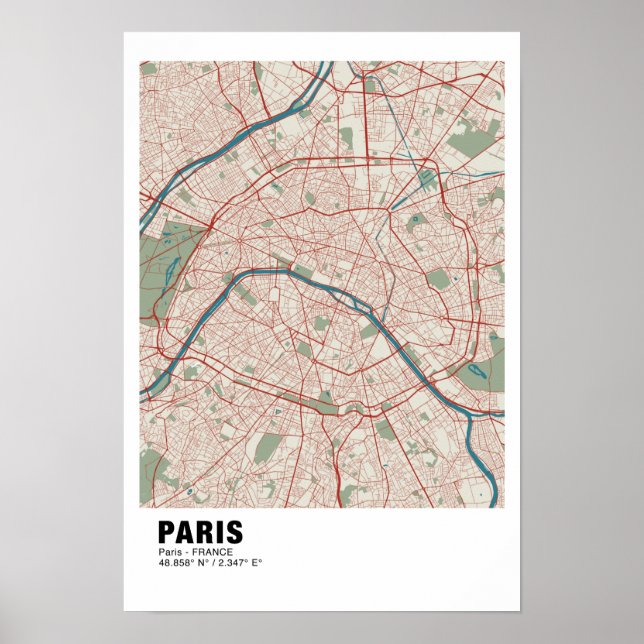 Paris Map Poster - France Vintage Map Style (Front)