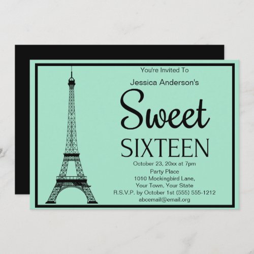 Paris Mint Green Black Eiffel Tower Sweet Sixteen Invitation