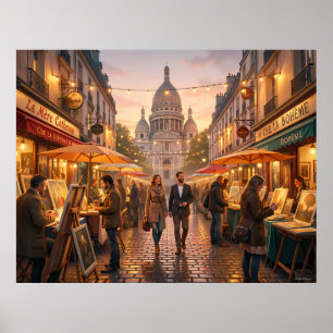 Paris Montmartre Art Market at Dusk Poster