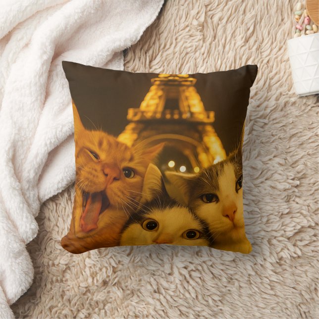 Paris Night Cat Selfie Squad Lover                 Throw Pillow (Blanket)